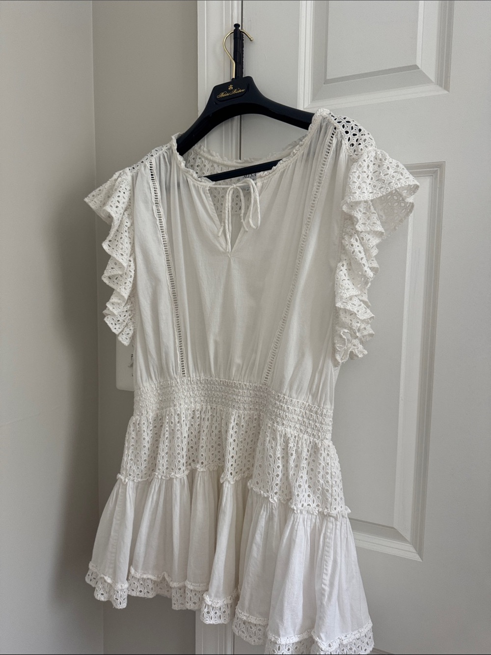 Misa Los Angeles White Eyelet Ruffle Peasant Mini Dress